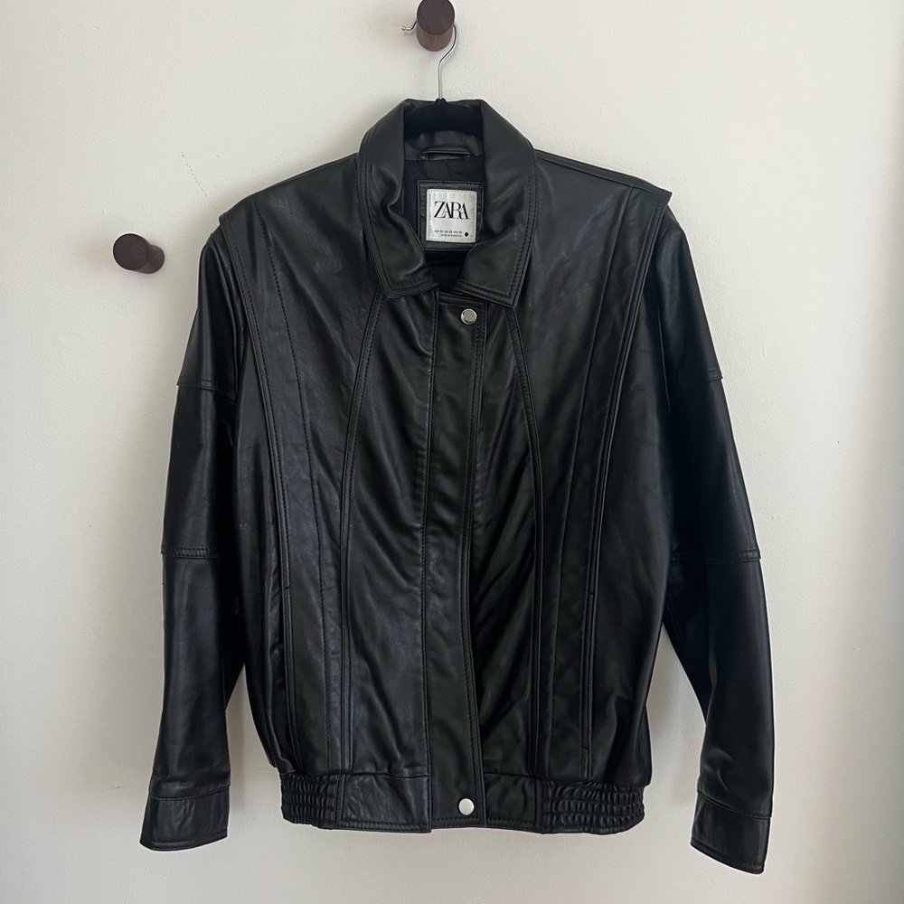 Zara Black Oversized Leather Bomber Jacket - Picture 2 of 10